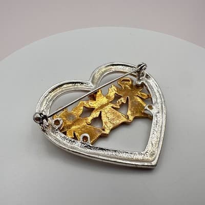 Vintage 90s Silver & Gold Tone Heart Brooch Pin Angels AB Rhinestone Jewelry Y2K - Thumbnail 6