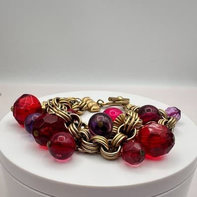 Vintage 90s Deja Designs Red & Purple Beaded Charm Bracelet Gold Tone Jewelry - Thumbnail 6