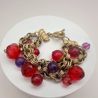 Vintage 90s Deja Designs Red & Purple Beaded Charm Bracelet Gold Tone Jewelry - Thumbnail 4
