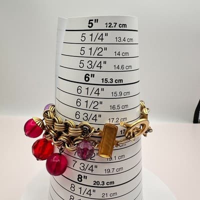 Vintage 90s Deja Designs Red & Purple Beaded Charm Bracelet Gold Tone Jewelry - Thumbnail 8