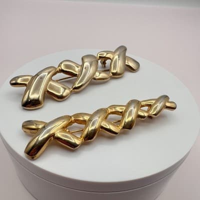 Vintage 90s Gold Tone Abstract X Glossy Brooch Pin Set Textured Women's Jewelry - Thumbnail 6