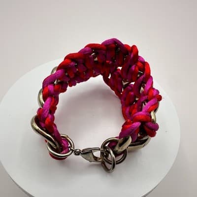 Vintage Y2K Chunky Gold Tone Curb Chain Bracelet Pink & Red Woven Rope Jewelry - Thumbnail 9