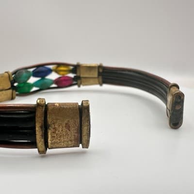 Vintage 80s Leather Cuff Bracelet Multicolor Glass Bead Hippie Festival Jewelry - Thumbnail 6