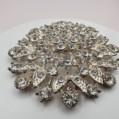 Vintage 80s Clear Glass Starburst Floral Brooch Silver Tone Statement Jewelry - Thumbnail 5