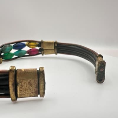 Vintage 80s Leather Cuff Bracelet Multicolor Glass Bead Hippie Festival Jewelry - Thumbnail 7