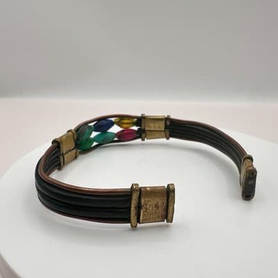 Vintage 80s Leather Cuff Bracelet Multicolor Glass Bead Hippie Festival Jewelry - Thumbnail 8