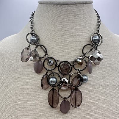 Vintage 90s Faux Pearl Beaded Gunmetal Bib Necklace Statement Women's Jewelry - Thumbnail 7