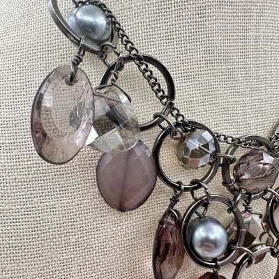 Vintage 90s Faux Pearl Beaded Gunmetal Bib Necklace Statement Women's Jewelry - Thumbnail 3