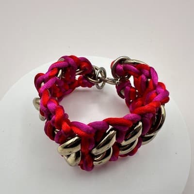 Vintage Y2K Chunky Gold Tone Curb Chain Bracelet Pink & Red Woven Rope Jewelry - Thumbnail 3