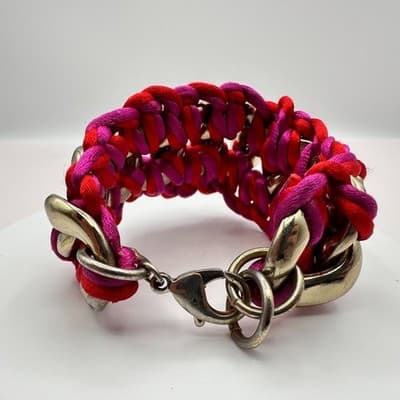 Vintage Y2K Chunky Gold Tone Curb Chain Bracelet Pink & Red Woven Rope Jewelry - Thumbnail 8