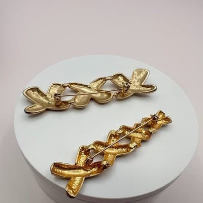 Vintage 90s Gold Tone Abstract X Glossy Brooch Pin Set Textured Women's Jewelry - Thumbnail 8