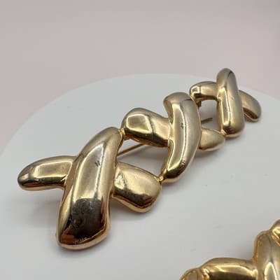 Vintage 90s Gold Tone Abstract X Glossy Brooch Pin Set Textured Women's Jewelry - Thumbnail 5