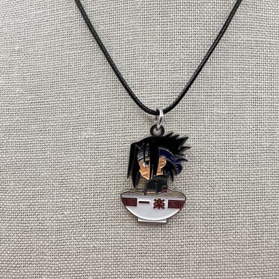 Vintage 90s Anime Sasuke Ramen Bowl Pendant Necklace Silver Tone Jewelry Boho - Thumbnail 2