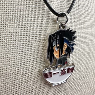 Vintage 90s Anime Sasuke Ramen Bowl Pendant Necklace Silver Tone Jewelry Boho - Thumbnail 5
