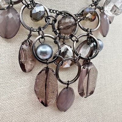 Vintage 90s Faux Pearl Beaded Gunmetal Bib Necklace Statement Women's Jewelry - Thumbnail 4
