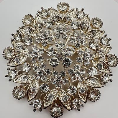 Vintage 80s Clear Glass Starburst Floral Brooch Silver Tone Statement Jewelry - Thumbnail 3
