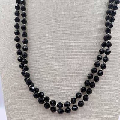 Vintage 90s Double Strand Black Glass Beaded Necklace Silver Tone Jewelry Retro - Thumbnail 2
