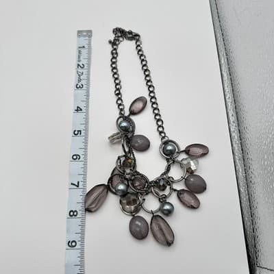 Vintage 90s Faux Pearl Beaded Gunmetal Bib Necklace Statement Women's Jewelry - Thumbnail 10