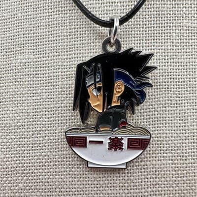Vintage 90s Anime Sasuke Ramen Bowl Pendant Necklace Silver Tone Jewelry Boho - Thumbnail 3