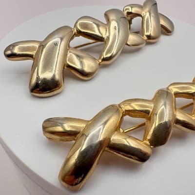 Vintage 90s Gold Tone Abstract X Glossy Brooch Pin Set Textured Women's Jewelry - Thumbnail 4