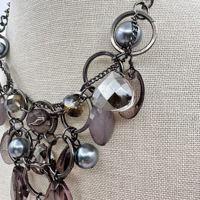 Vintage 90s Faux Pearl Beaded Gunmetal Bib Necklace Statement Women's Jewelry - Thumbnail 6