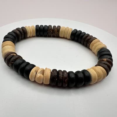 Vintage 90s Wood Bead Stretch Bracelet Earth Tone Coconut Heishe Brown Jewelry - Thumbnail 3