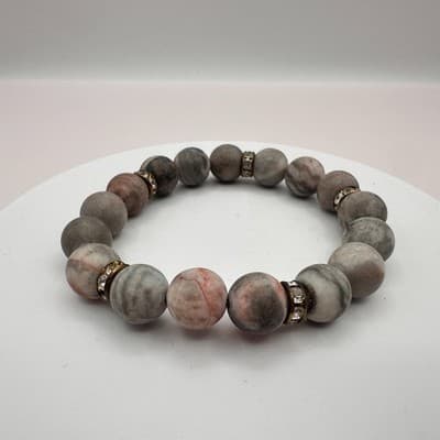 Vintage 70s Pink Gray Marble Stone Bead Stretch Bracelet Spacer Beads Jewelry - Thumbnail 5