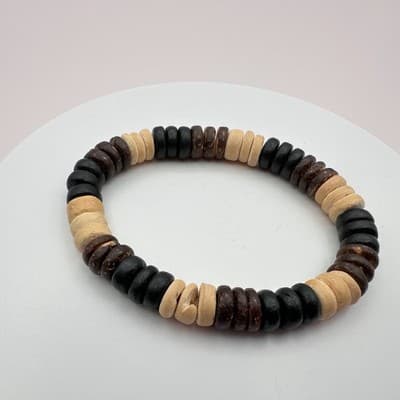 Vintage 90s Wood Bead Stretch Bracelet Earth Tone Coconut Heishe Brown Jewelry - Thumbnail 2