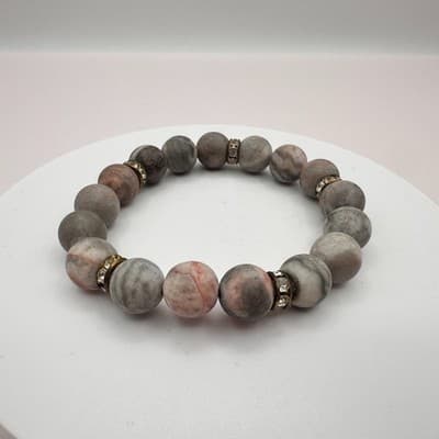 Vintage 70s Pink Gray Marble Stone Bead Stretch Bracelet Spacer Beads Jewelry - Thumbnail 2
