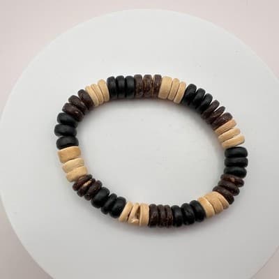 Vintage 90s Wood Bead Stretch Bracelet Earth Tone Coconut Heishe Brown Jewelry - Thumbnail 7