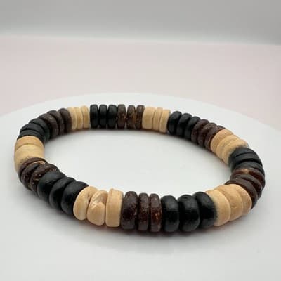 Vintage 90s Wood Bead Stretch Bracelet Earth Tone Coconut Heishe Brown Jewelry - Thumbnail 6