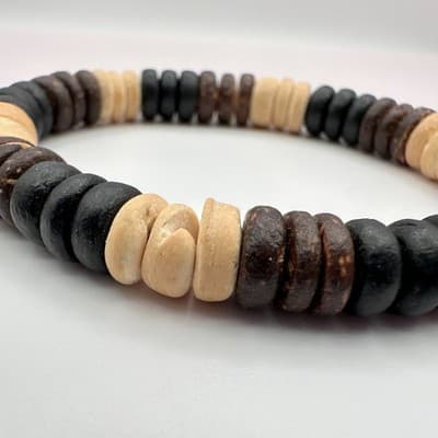 Vintage 90s Wood Bead Stretch Bracelet Earth Tone Coconut Heishe Brown Jewelry - Thumbnail 5