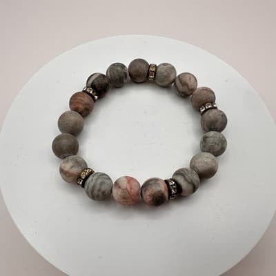 Vintage 70s Pink Gray Marble Stone Bead Stretch Bracelet Spacer Beads Jewelry - Thumbnail 6