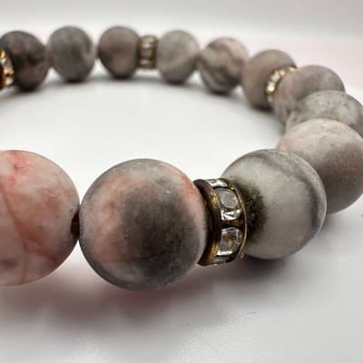 Vintage 70s Pink Gray Marble Stone Bead Stretch Bracelet Spacer Beads Jewelry - Thumbnail 4
