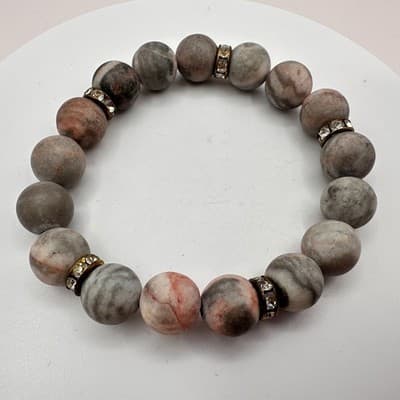 Vintage 70s Pink Gray Marble Stone Bead Stretch Bracelet Spacer Beads Jewelry - Thumbnail 7