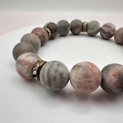 Vintage 70s Pink Gray Marble Stone Bead Stretch Bracelet Spacer Beads Jewelry - Thumbnail 3