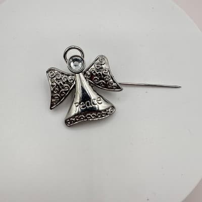 Vintage Y2K Peace Rhinestone Guardian Angel Silver Tone Brooch Pin Jewelry 90s - Thumbnail 3