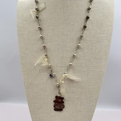Vintage 90s Metal Snowman Pendant Silver Tone Beaded Necklace Ribbon Jewelry Y2K - Thumbnail 3
