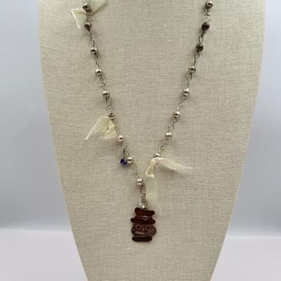 Vintage 90s Metal Snowman Pendant Silver Tone Beaded Necklace Ribbon Jewelry Y2K - Thumbnail 6