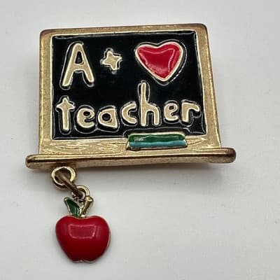 Vintage 90s Teacher A+ Blackboard Brooch Pin Gold Tone Red Apple Dangle Enamel - Thumbnail 4