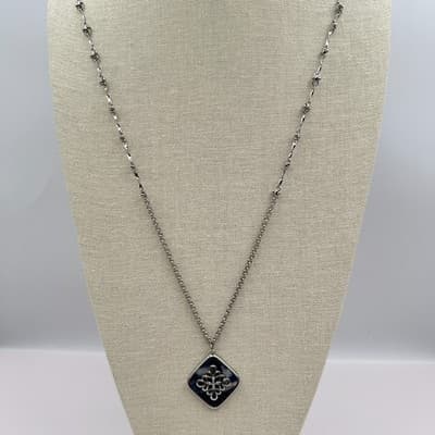 Vintage Y2K White House Black Market Silver Tone Blue Sodalite Clover Necklace - Thumbnail 3