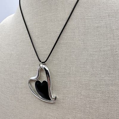 Vintage Y2K Black Cord Silver Tone Heart Pendant Necklace Boho Fashion Jewelry - Thumbnail 6