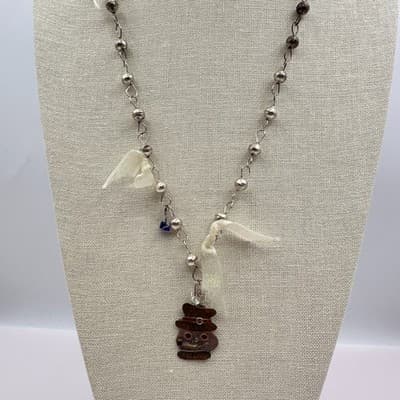 Vintage 90s Metal Snowman Pendant Silver Tone Beaded Necklace Ribbon Jewelry Y2K - Thumbnail 2