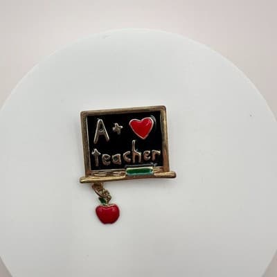 Vintage 90s Teacher A+ Blackboard Brooch Pin Gold Tone Red Apple Dangle Enamel - Thumbnail 3