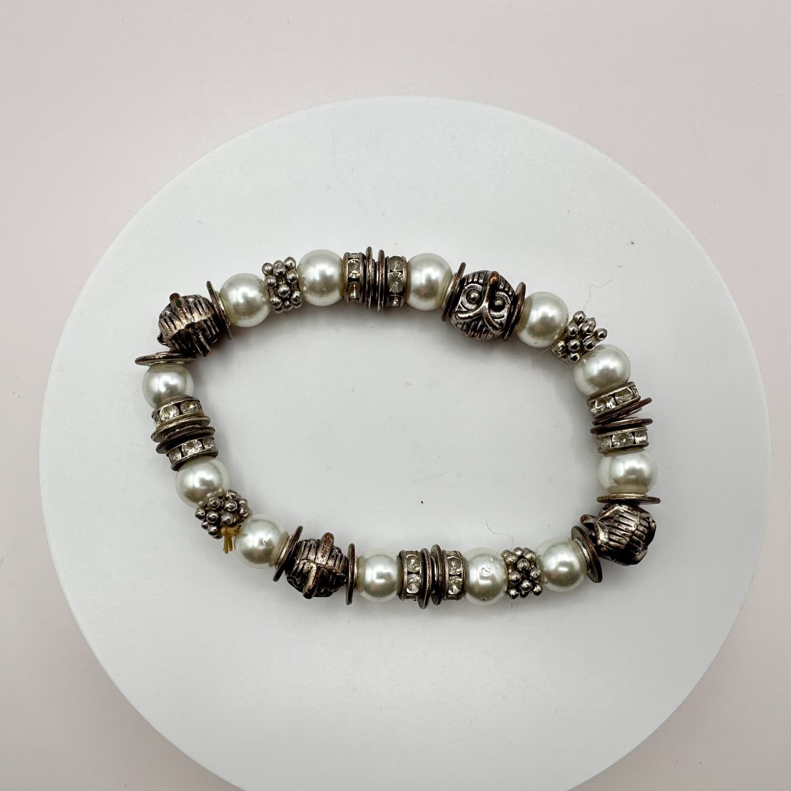 Vintage 90s Silver Owl Faux Pearl Beaded Stretch Bracelet Boho Eclectic Jewelry - Thumbnail 7