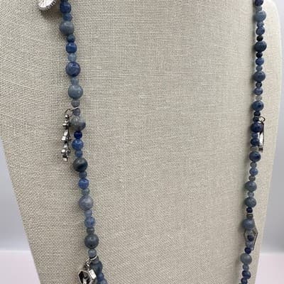 Vintage 90s Blue Stone Beaded Multi Charm Silver Tone Necklace Boho Jewelry Y2K - Thumbnail 7