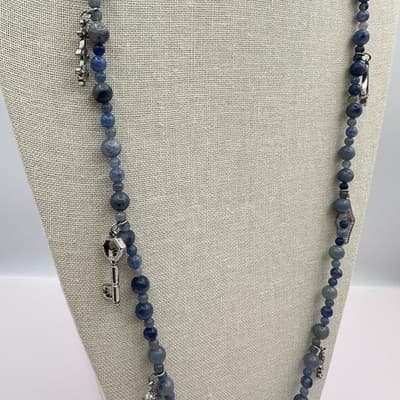 Vintage 90s Blue Stone Beaded Multi Charm Silver Tone Necklace Boho Jewelry Y2K - Thumbnail 8