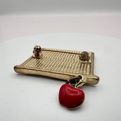 Vintage 90s Teacher A+ Blackboard Brooch Pin Gold Tone Red Apple Dangle Enamel - Thumbnail 5