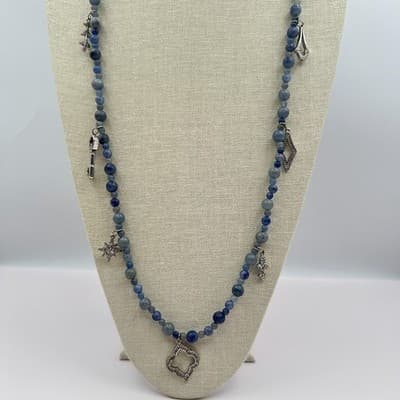 Vintage 90s Blue Stone Beaded Multi Charm Silver Tone Necklace Boho Jewelry Y2K - Thumbnail 2