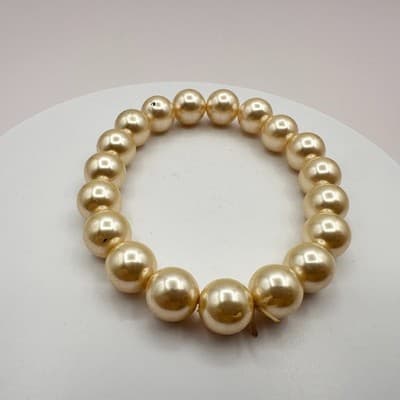 Vintage 90s Chunky Cream Faux Pearl Stretch Bracelet Bngle Costume retro Jewelry - Thumbnail 5